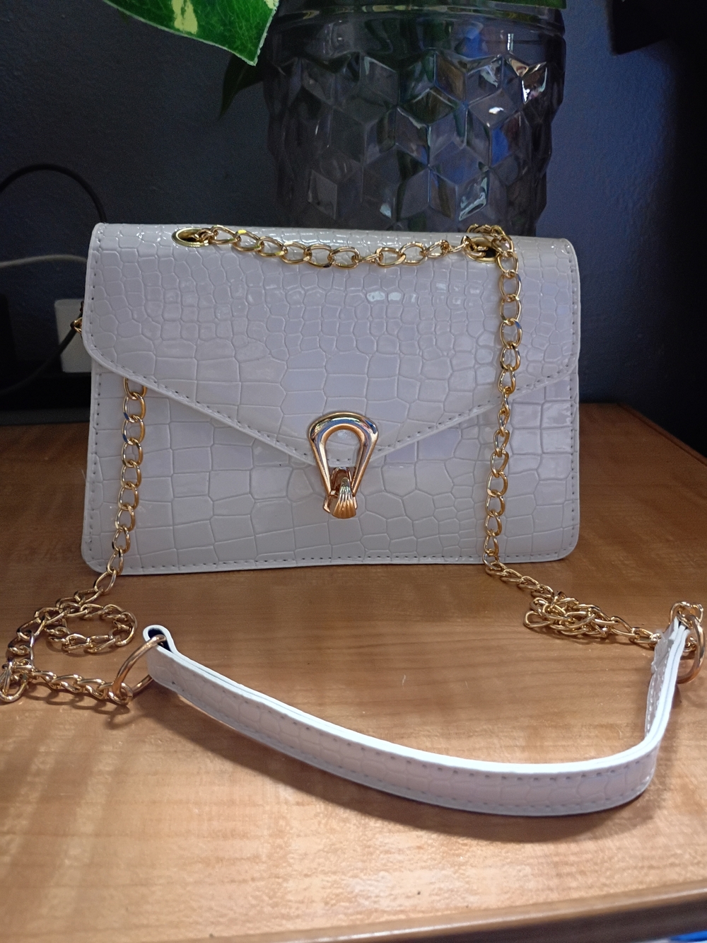 White Croc-Embossed Chain Shoulder Bag - Gold Hardware